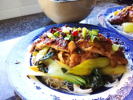 Sichuan style Sea Bass with stir fried Rice Vermicelli and Crispy Seaweed